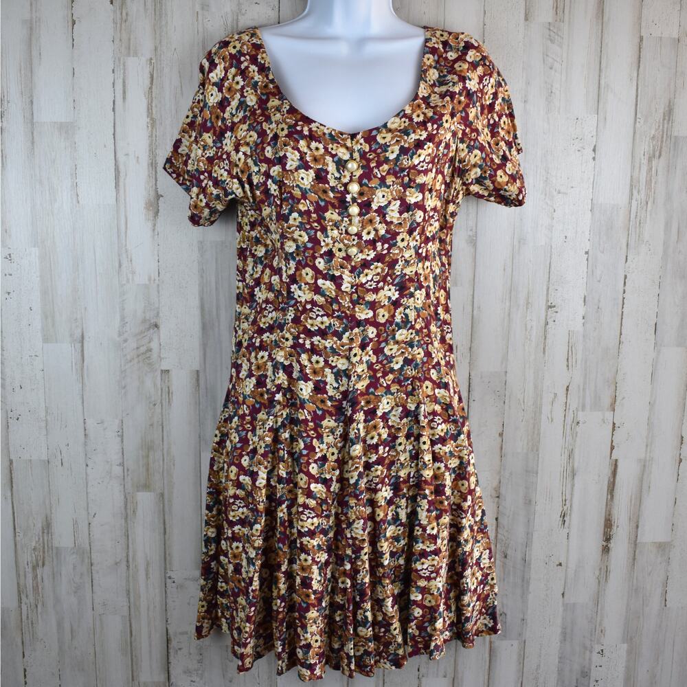 90s Vintage Floral Dress Women's Medium Red Brown Short Sleeve Cottage Grunge M